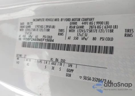 2022 Ford F-250 Xl из США, поврежденный, VIN 1FDBF2A65NEF15684